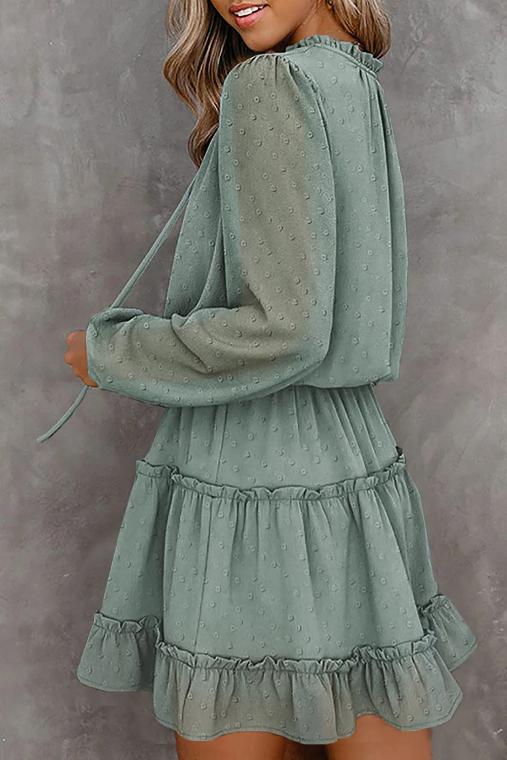 Swiss Dot Ruffle Hem Bubble Long Sleeve Dress