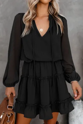 Swiss Dot Ruffle Hem Bubble Long Sleeve Dress