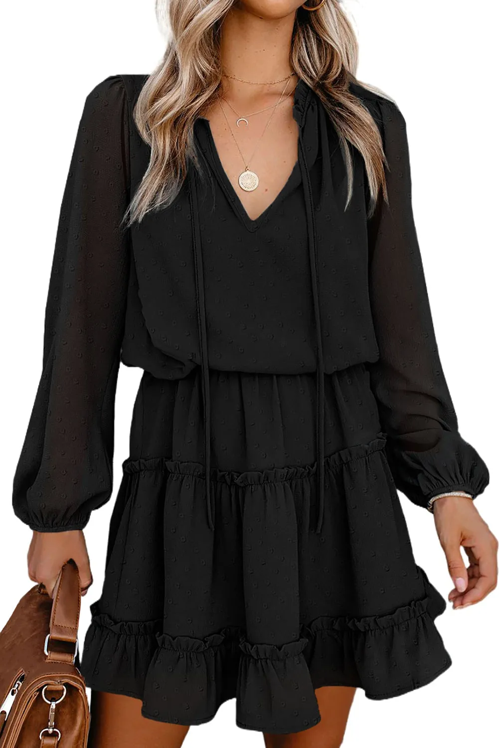 Swiss Dot Ruffle Hem Bubble Long Sleeve Dress
