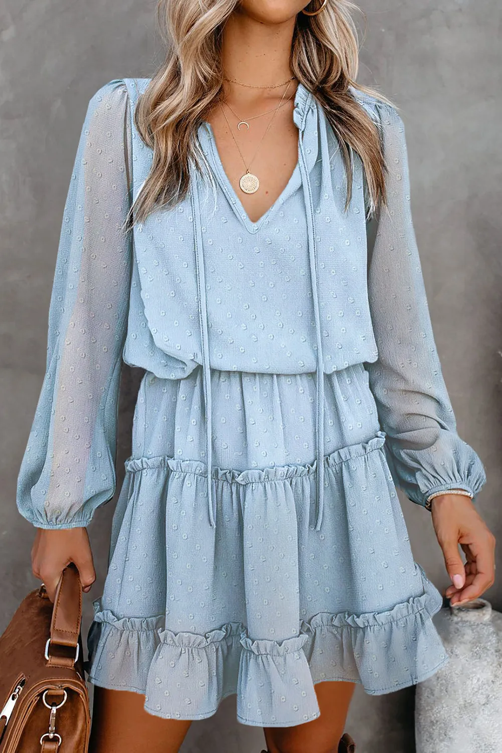 Swiss Dot Ruffle Hem Bubble Long Sleeve Dress
