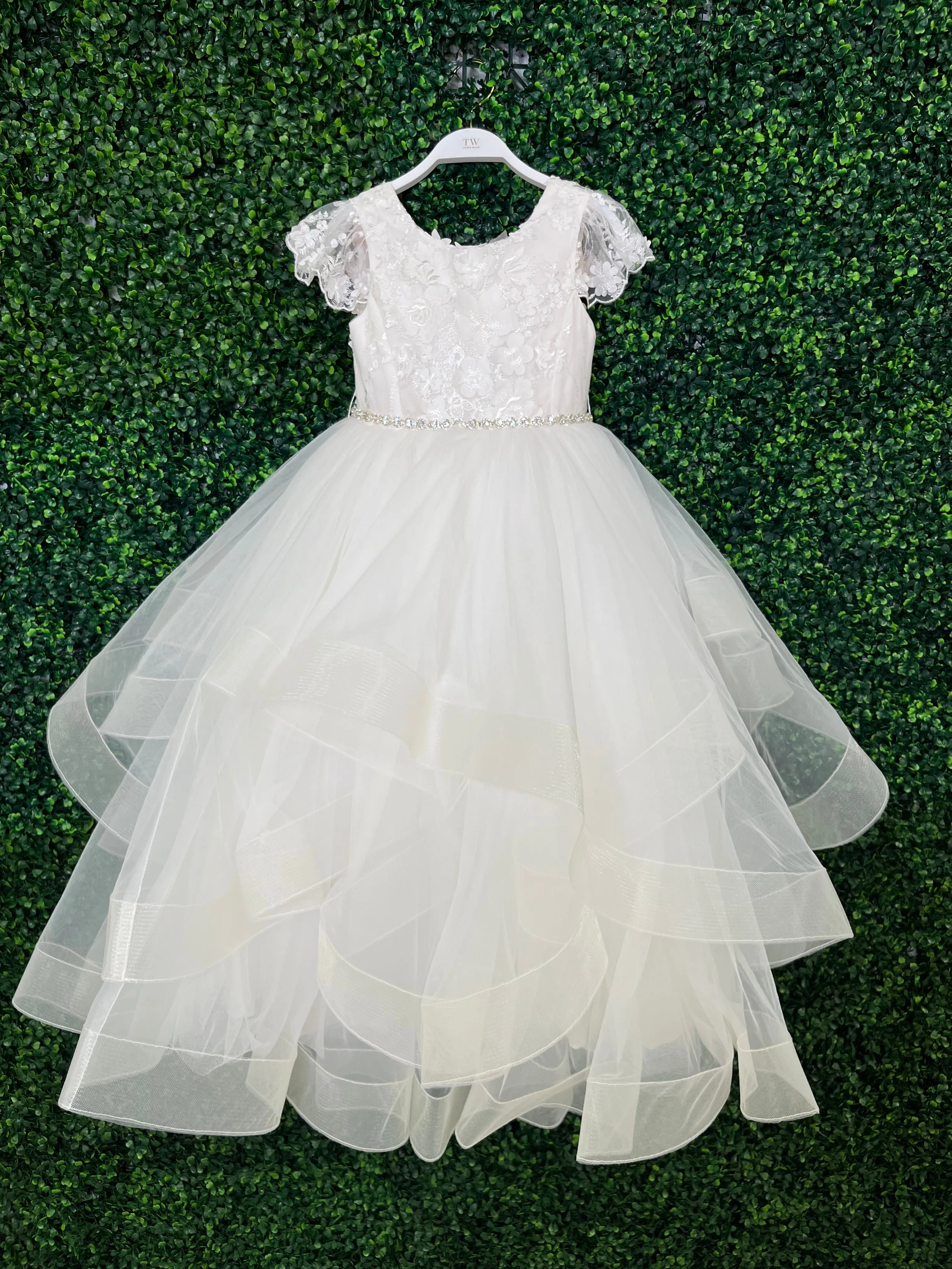 Teter Warm Lace Cap Sleeve Tiered Tulle Gown GS02