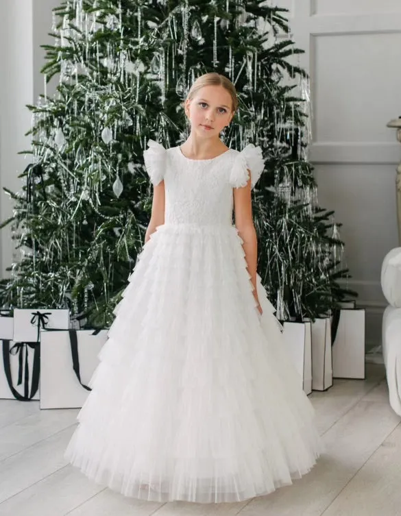 Teter Warm Ruffle Sleeve Tiered Ruffle Tulle Gown GS42