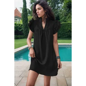 Textured Notched Neck Flutter Sleeve Mini Dress