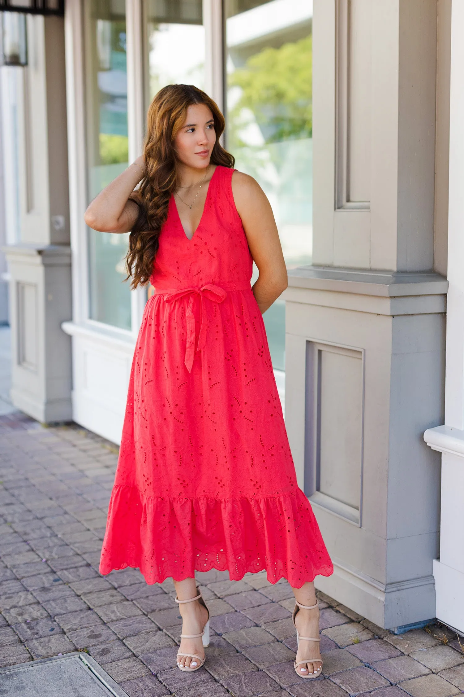 The Hit Hot Coral Eyelet Midi Dress