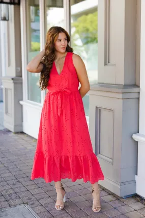 The Hit Hot Coral Eyelet Midi Dress