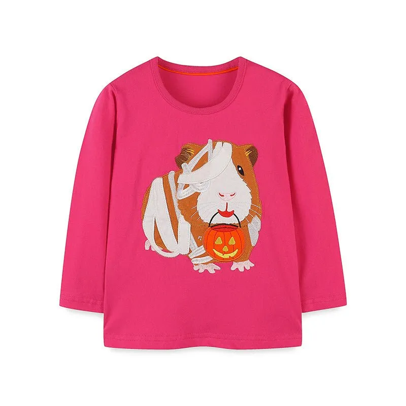 Toddler/Kid Girl's Long Sleeve Cartoon Hamster and Pumpkin Embroider Print Design T-shirt