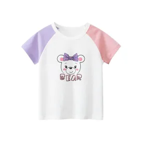 Toddler/Kid Girl's Short Sleeve Bear Print Design White Tee