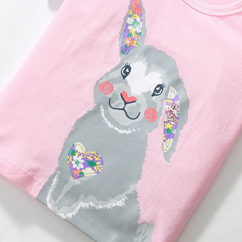 Toddler/Kid Girl's Short Sleeve Cartoon Bunny and Flowers Print Top