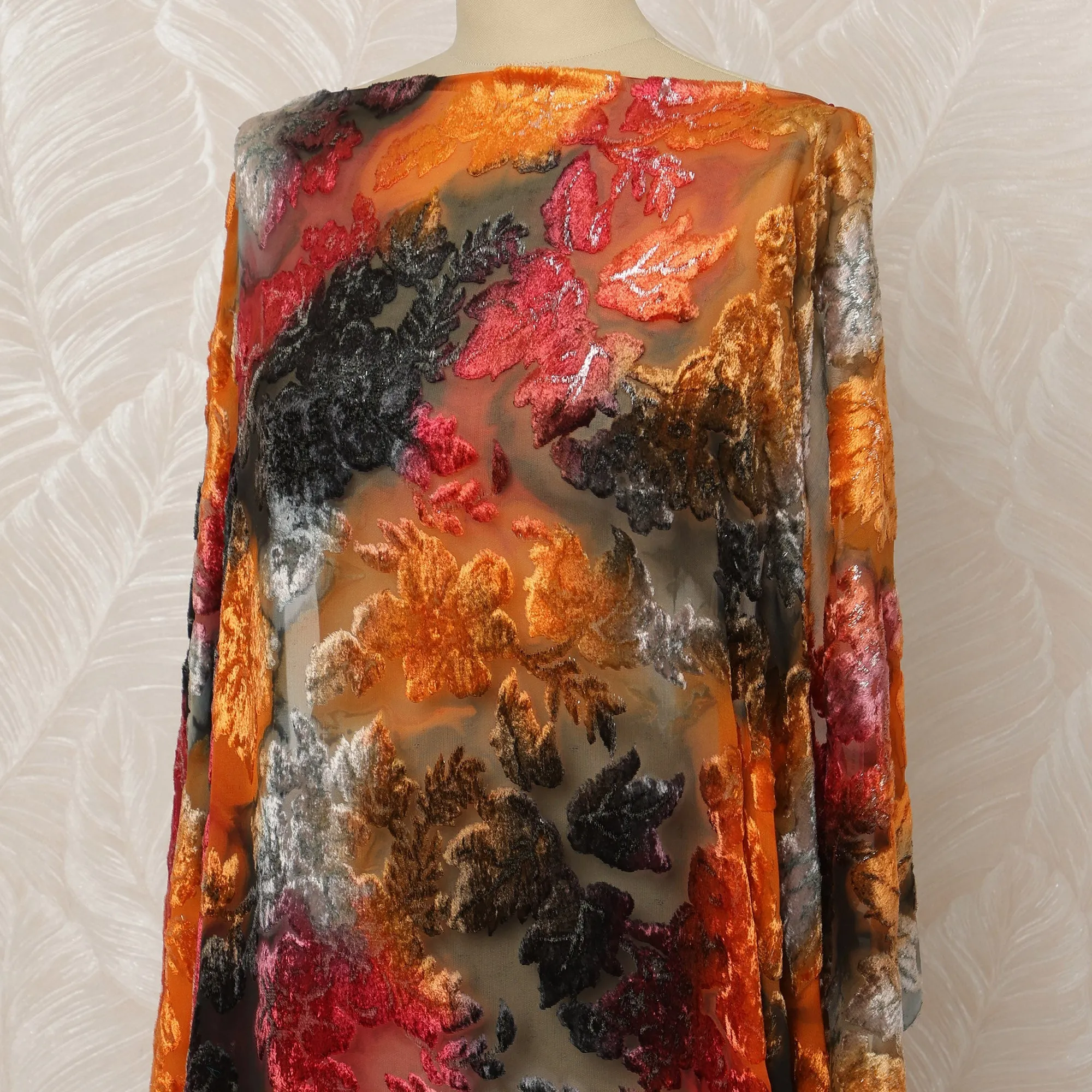 Traditional Somali Dirac Silk Blended Velvet Chiffon Fabric in Orange, Black, and Red Floral Design, 3.5 Meters, 140 cm Width-D20602