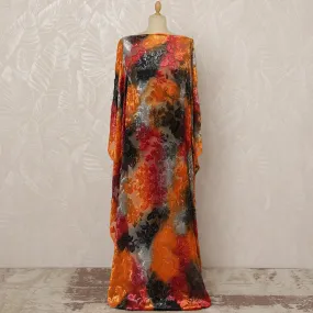 Traditional Somali Dirac Silk Blended Velvet Chiffon Fabric in Orange, Black, and Red Floral Design, 3.5 Meters, 140 cm Width-D20602
