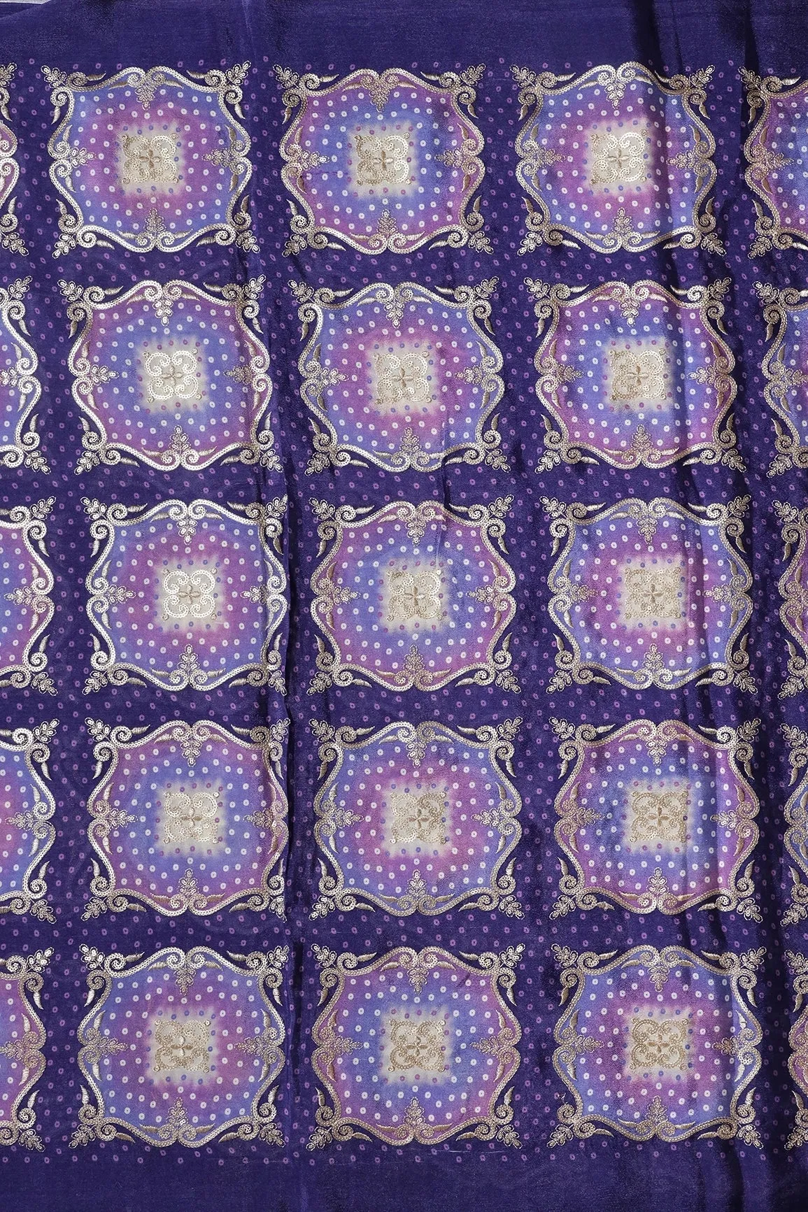 Trendy Bandhani Position Print On Sequins Embroidery Purple Viscose Chinnon Chiffon Fabric