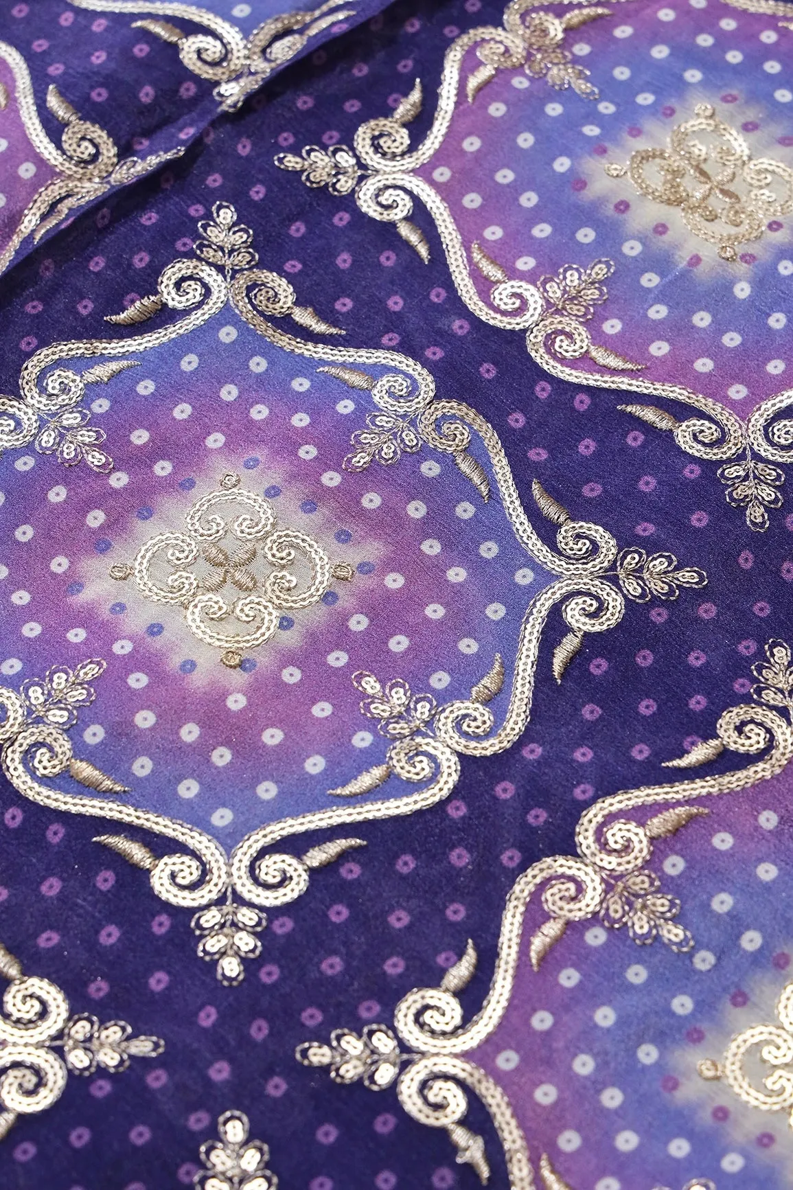 Trendy Bandhani Position Print On Sequins Embroidery Purple Viscose Chinnon Chiffon Fabric