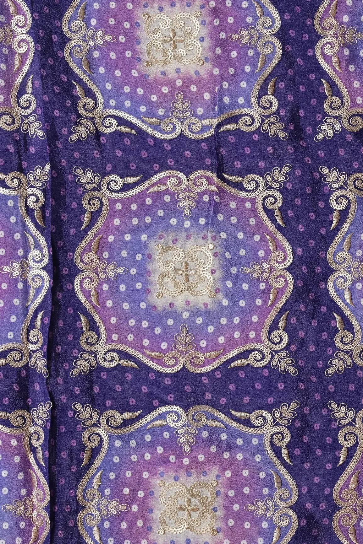 Trendy Bandhani Position Print On Sequins Embroidery Purple Viscose Chinnon Chiffon Fabric