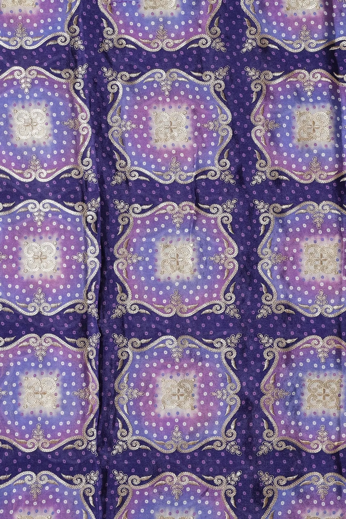 Trendy Bandhani Position Print On Sequins Embroidery Purple Viscose Chinnon Chiffon Fabric