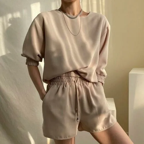 Two Piece Sest Summer Simple O Neck Loose Five-point Sleeve Shirt with
