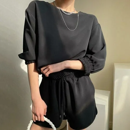 Two Piece Sest Summer Simple O Neck Loose Five-point Sleeve Shirt with