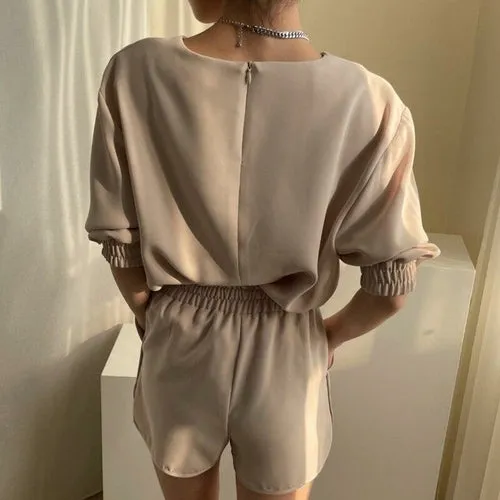 Two Piece Sest Summer Simple O Neck Loose Five-point Sleeve Shirt with