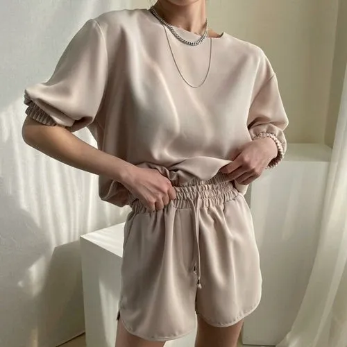 Two Piece Sest Summer Simple O Neck Loose Five-point Sleeve Shirt with
