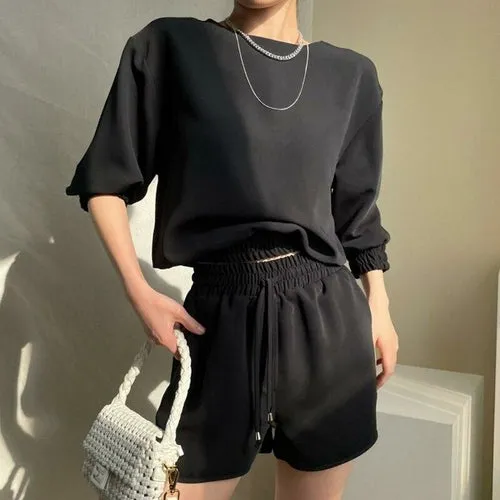 Two Piece Sest Summer Simple O Neck Loose Five-point Sleeve Shirt with