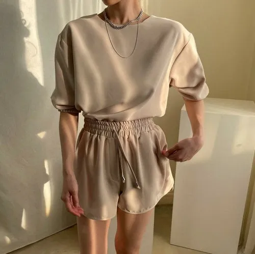 Two Piece Sest Summer Simple O Neck Loose Five-point Sleeve Shirt with