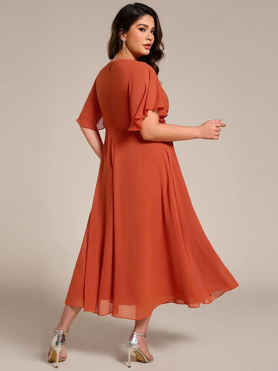 V-Neck Chiffon Midi Wedding Guest Dress with Waist Applique