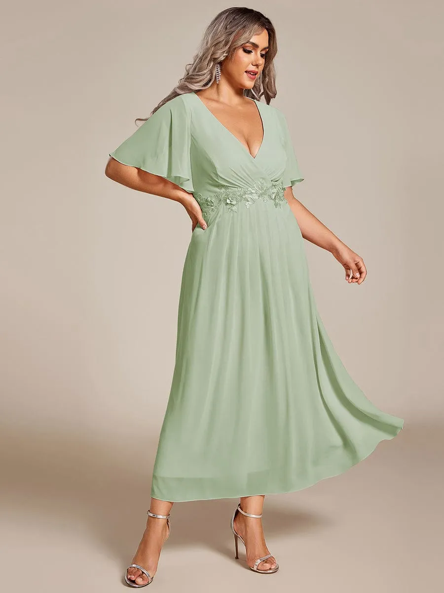 V-Neck Chiffon Midi Wedding Guest Dress with Waist Applique