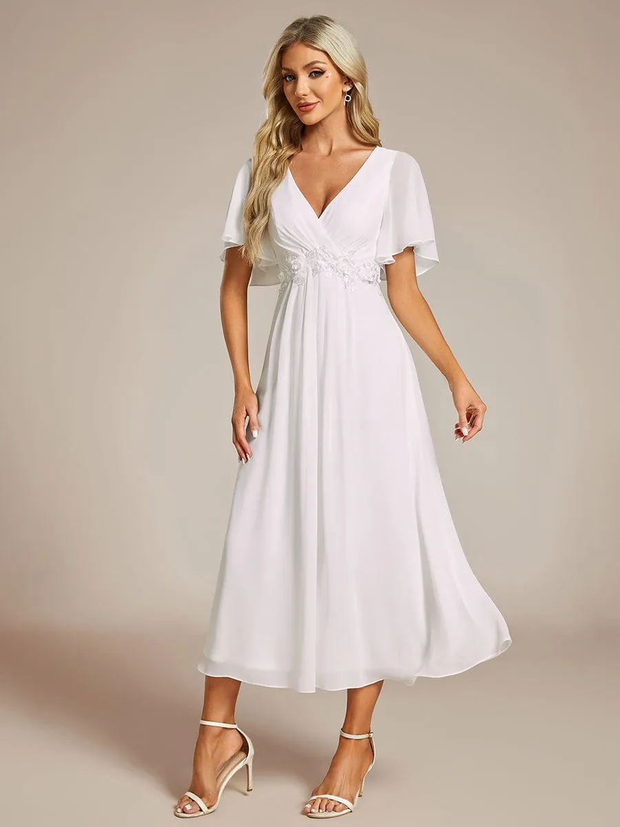 V-Neck Chiffon Midi Wedding Guest Dress with Waist Applique