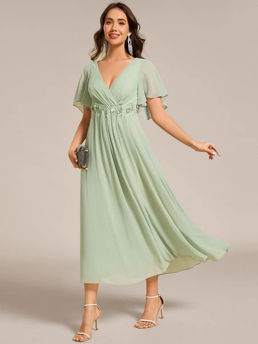 V-Neck Chiffon Midi Wedding Guest Dress with Waist Applique