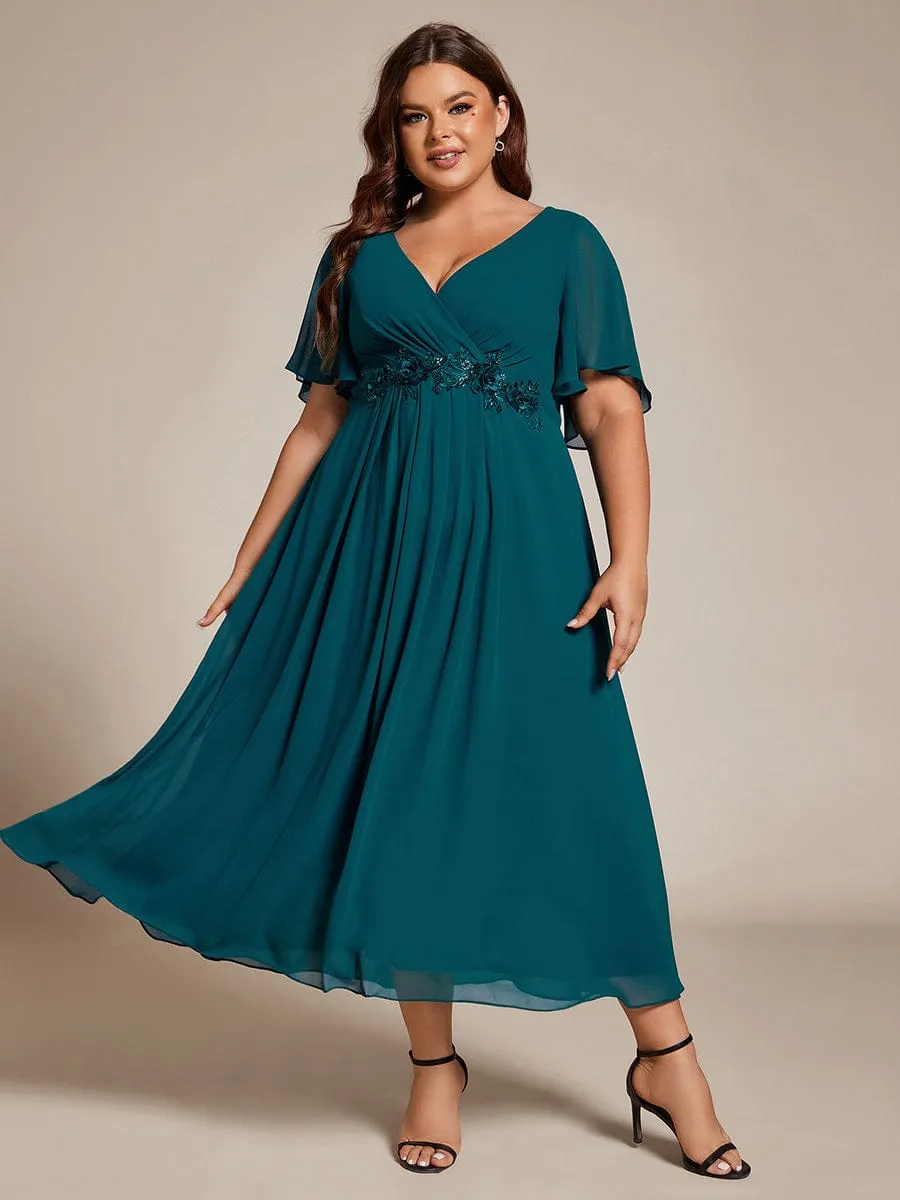 V-Neck Chiffon Midi Wedding Guest Dress with Waist Applique