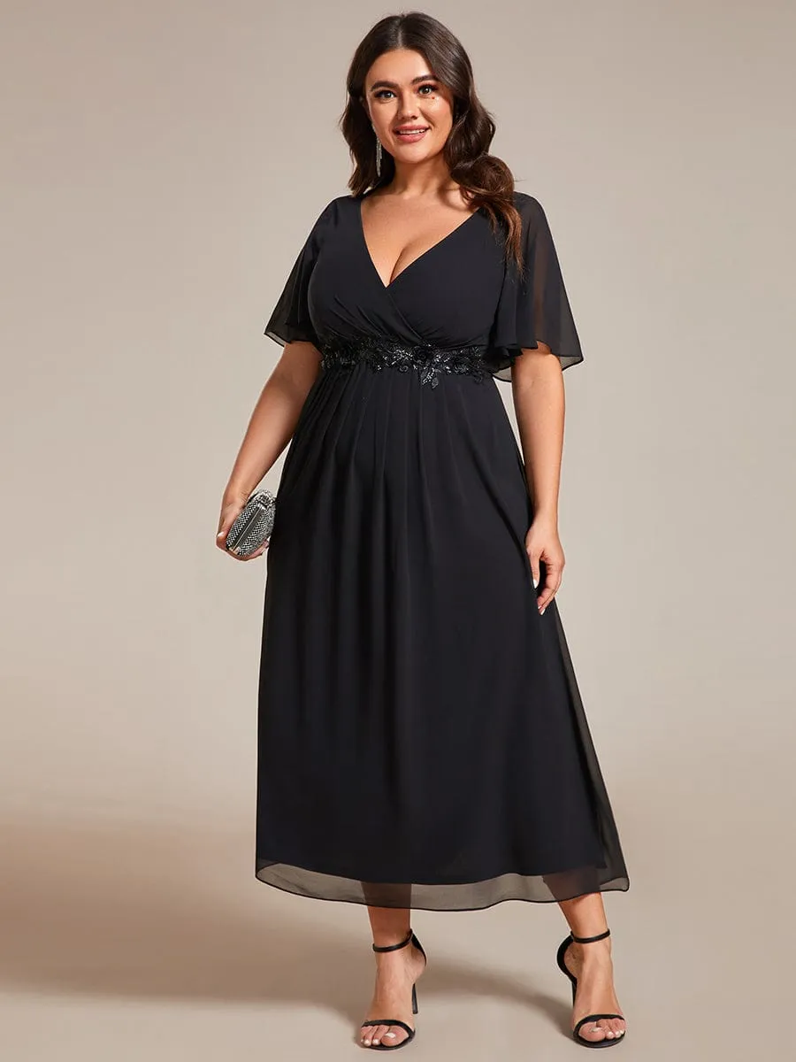 V-Neck Chiffon Midi Wedding Guest Dress with Waist Applique