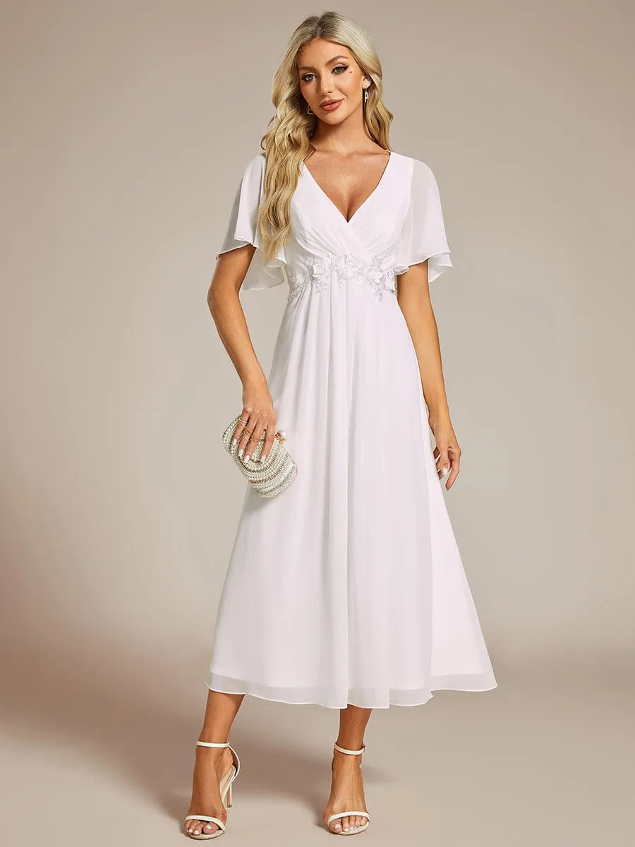 V-Neck Chiffon Midi Wedding Guest Dress with Waist Applique