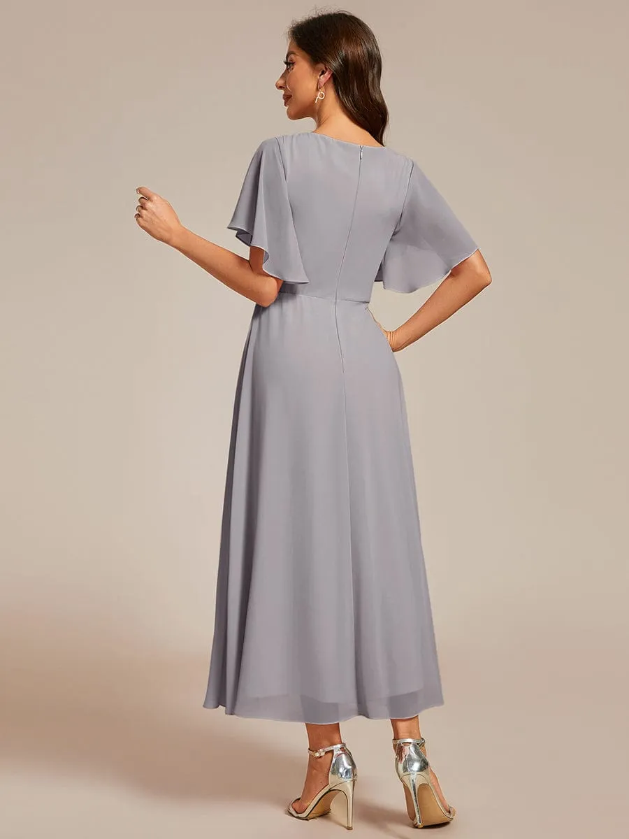 V-Neck Chiffon Midi Wedding Guest Dress with Waist Applique