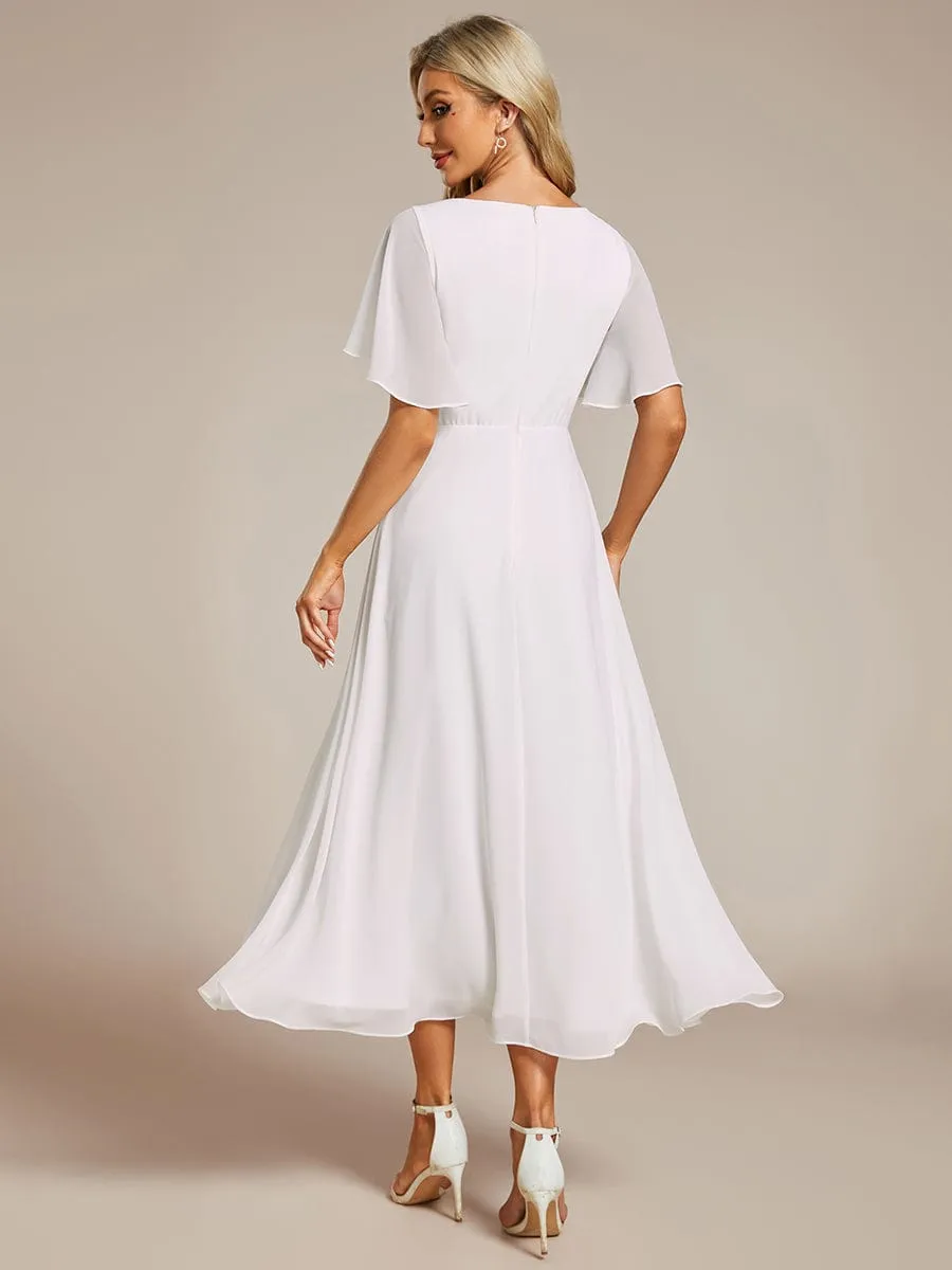 V-Neck Chiffon Midi Wedding Guest Dress with Waist Applique