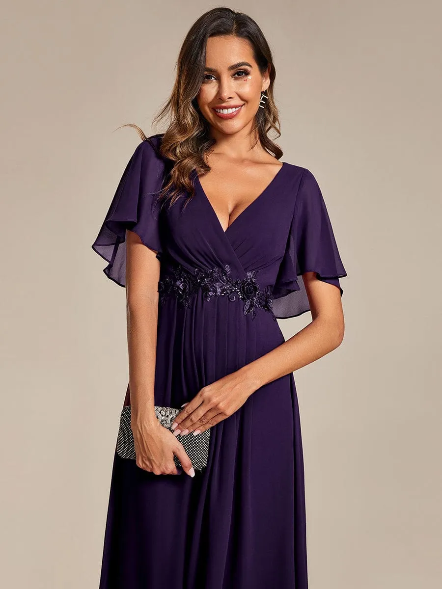 V-Neck Chiffon Midi Wedding Guest Dress with Waist Applique