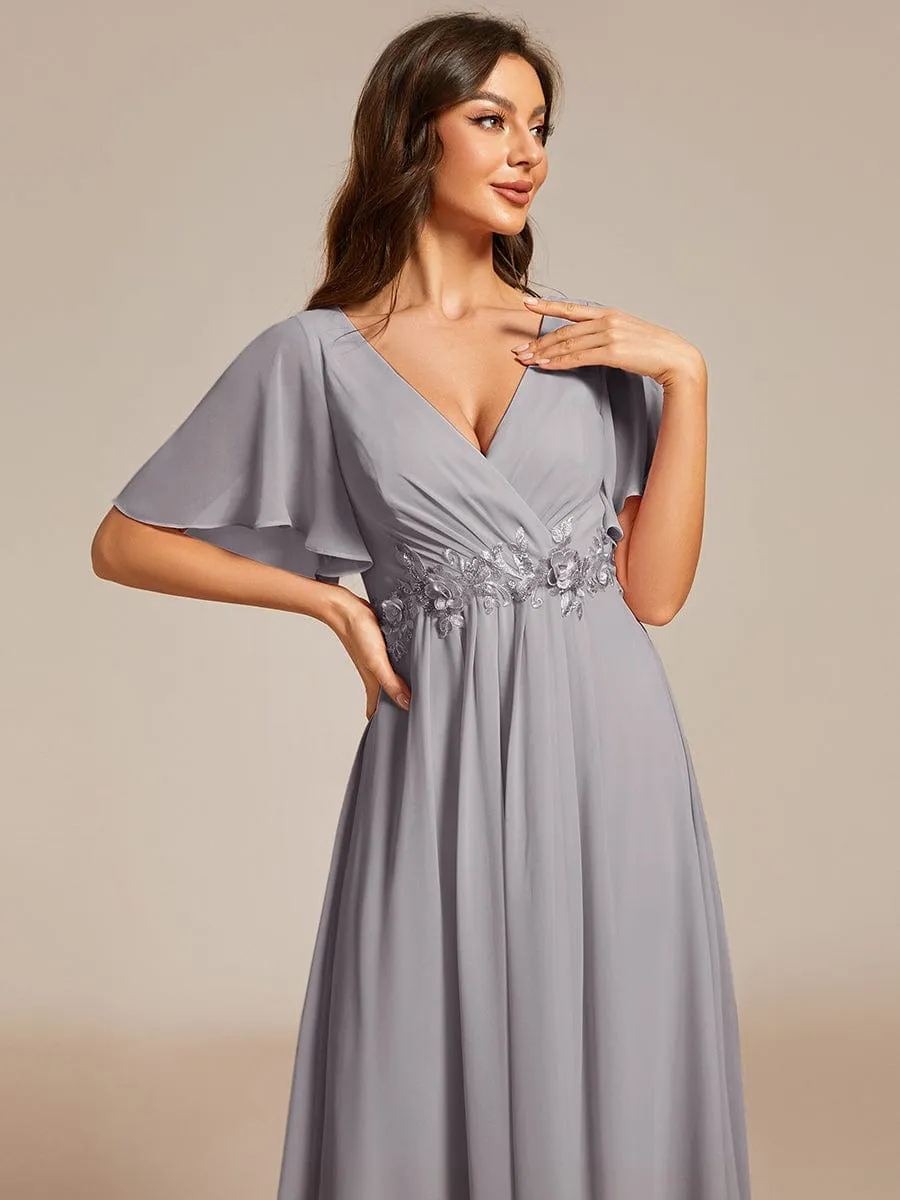 V-Neck Chiffon Midi Wedding Guest Dress with Waist Applique