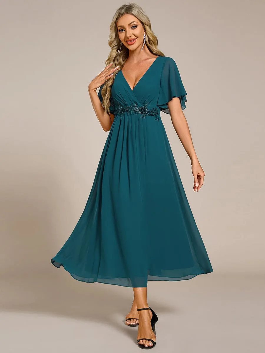 V-Neck Chiffon Midi Wedding Guest Dress with Waist Applique