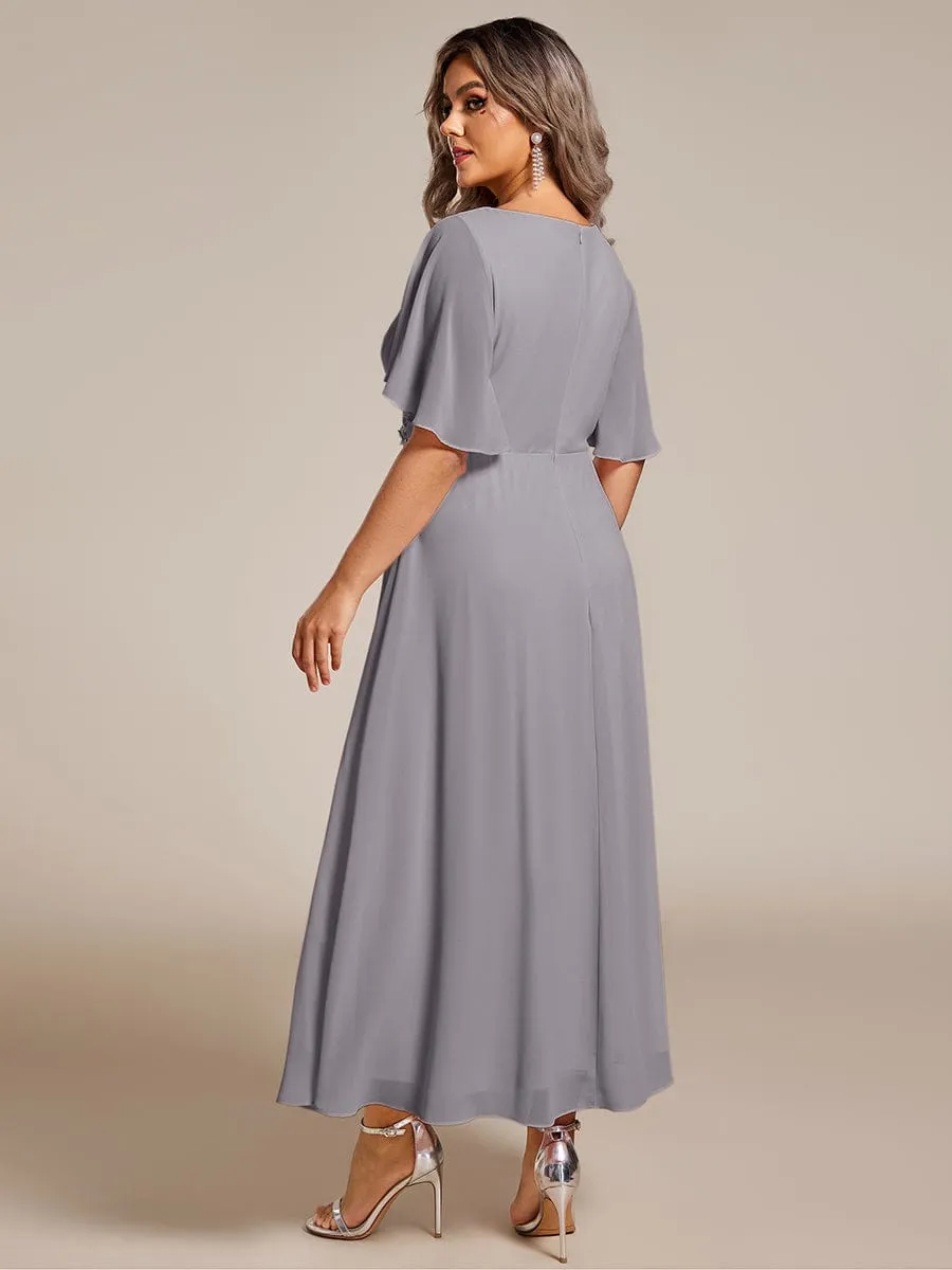 V-Neck Chiffon Midi Wedding Guest Dress with Waist Applique