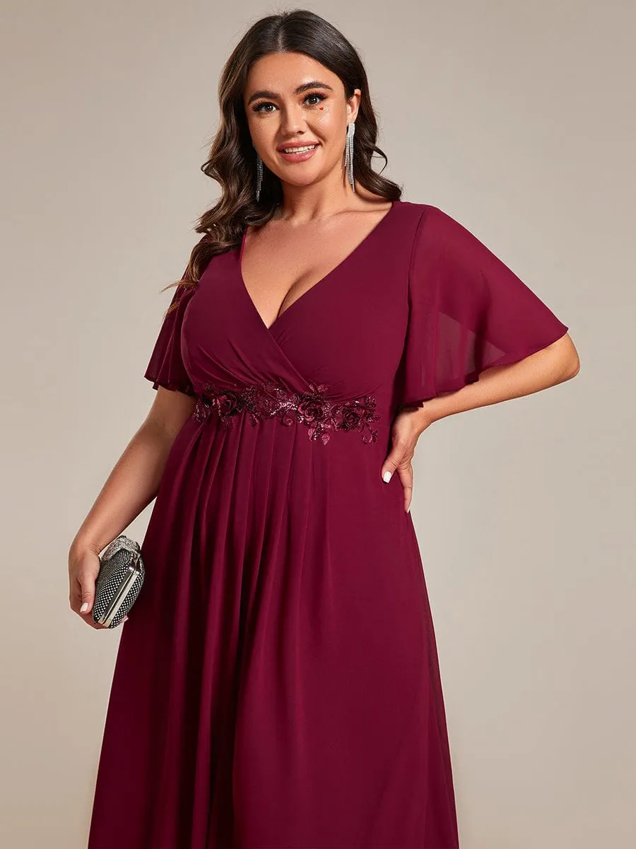 V-Neck Chiffon Midi Wedding Guest Dress with Waist Applique