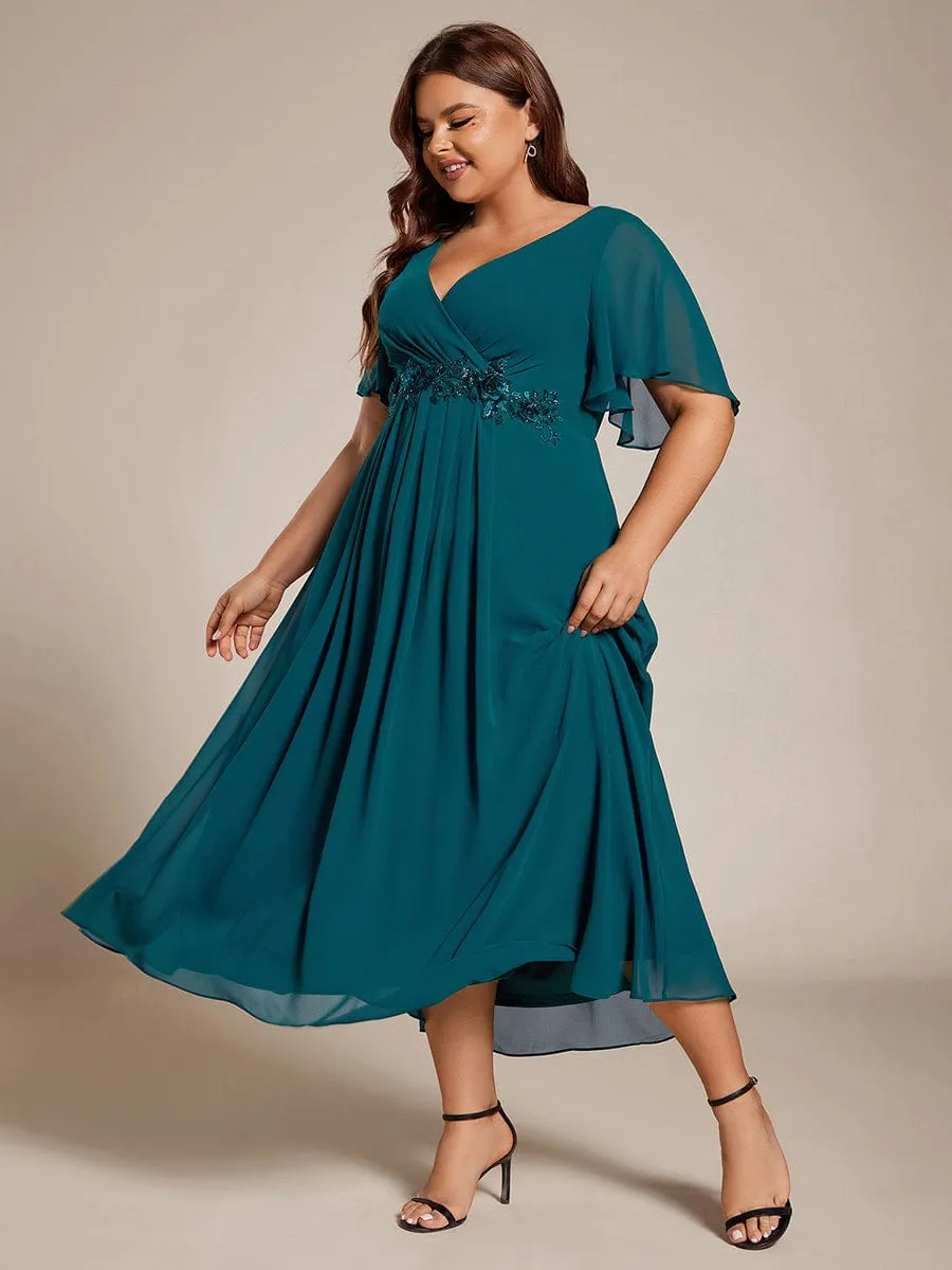 V-Neck Chiffon Midi Wedding Guest Dress with Waist Applique
