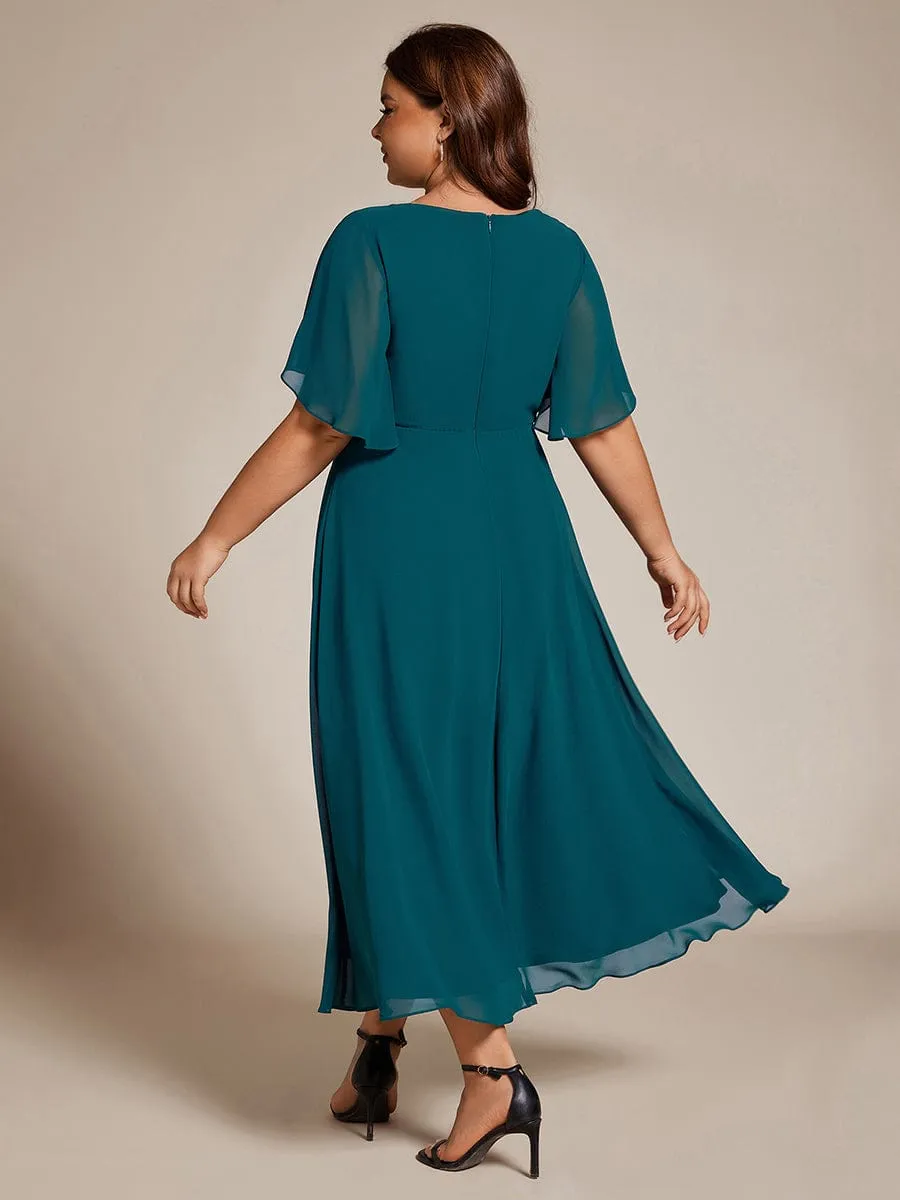 V-Neck Chiffon Midi Wedding Guest Dress with Waist Applique