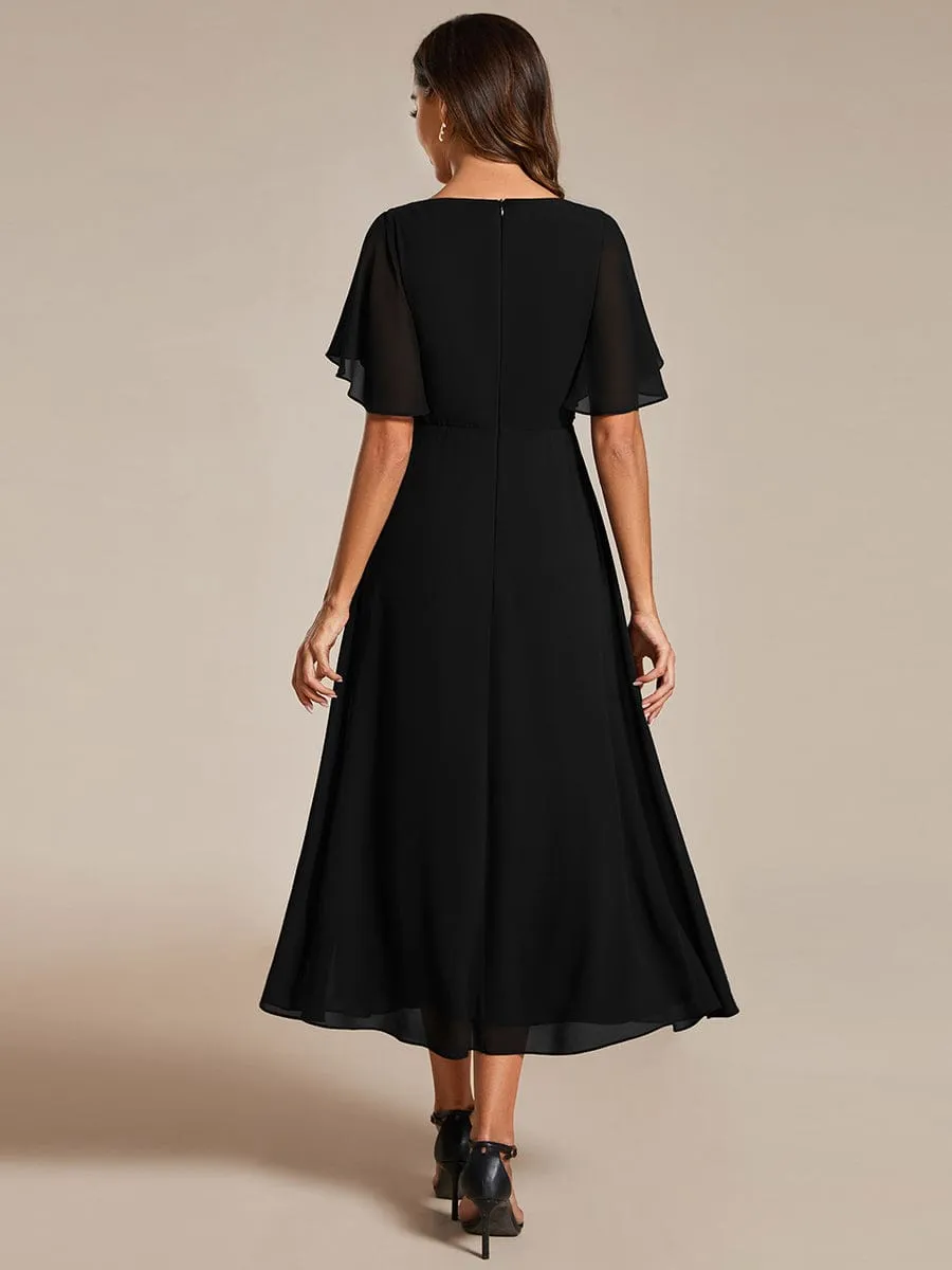 V-Neck Chiffon Midi Wedding Guest Dress with Waist Applique