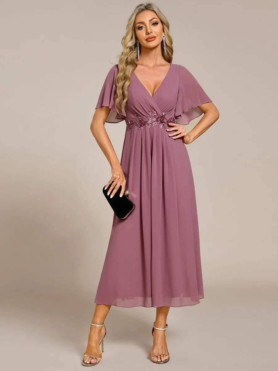V-Neck Chiffon Midi Wedding Guest Dress with Waist Applique