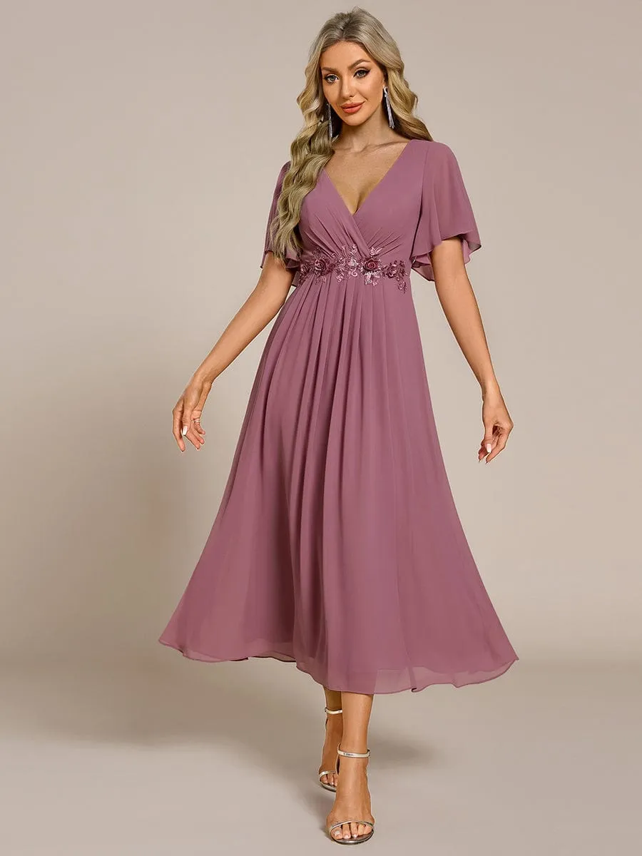 V-Neck Chiffon Midi Wedding Guest Dress with Waist Applique