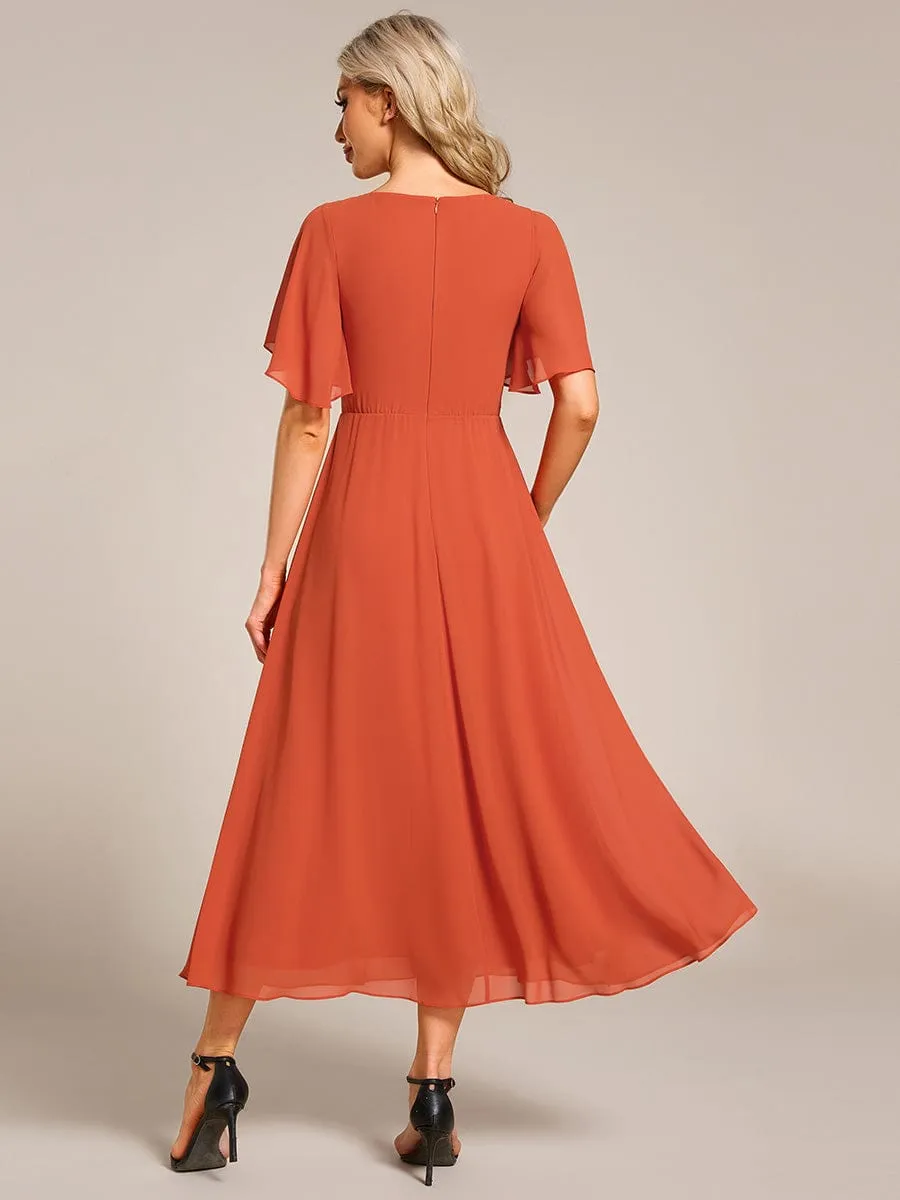 V-Neck Chiffon Midi Wedding Guest Dress with Waist Applique