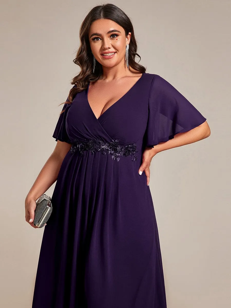 V-Neck Chiffon Midi Wedding Guest Dress with Waist Applique