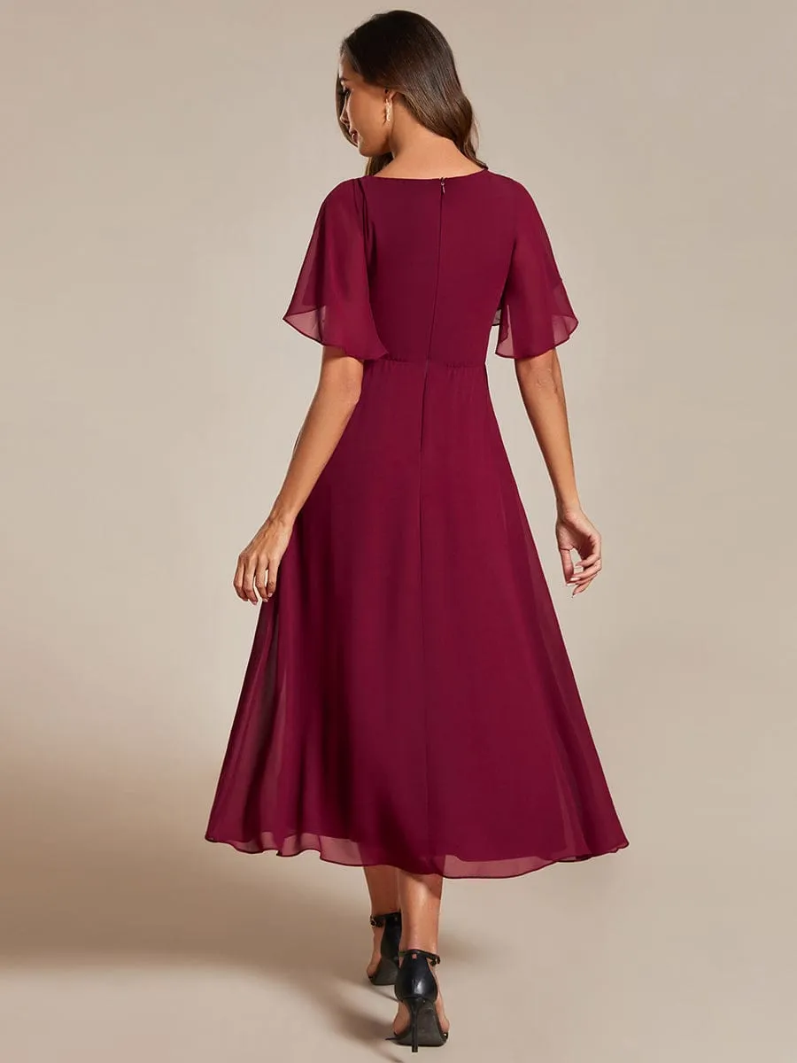 V-Neck Chiffon Midi Wedding Guest Dress with Waist Applique