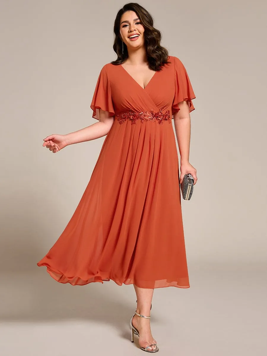 V-Neck Chiffon Midi Wedding Guest Dress with Waist Applique