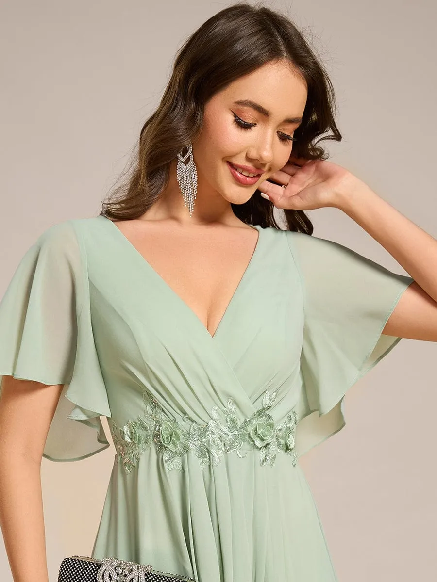 V-Neck Chiffon Midi Wedding Guest Dress with Waist Applique