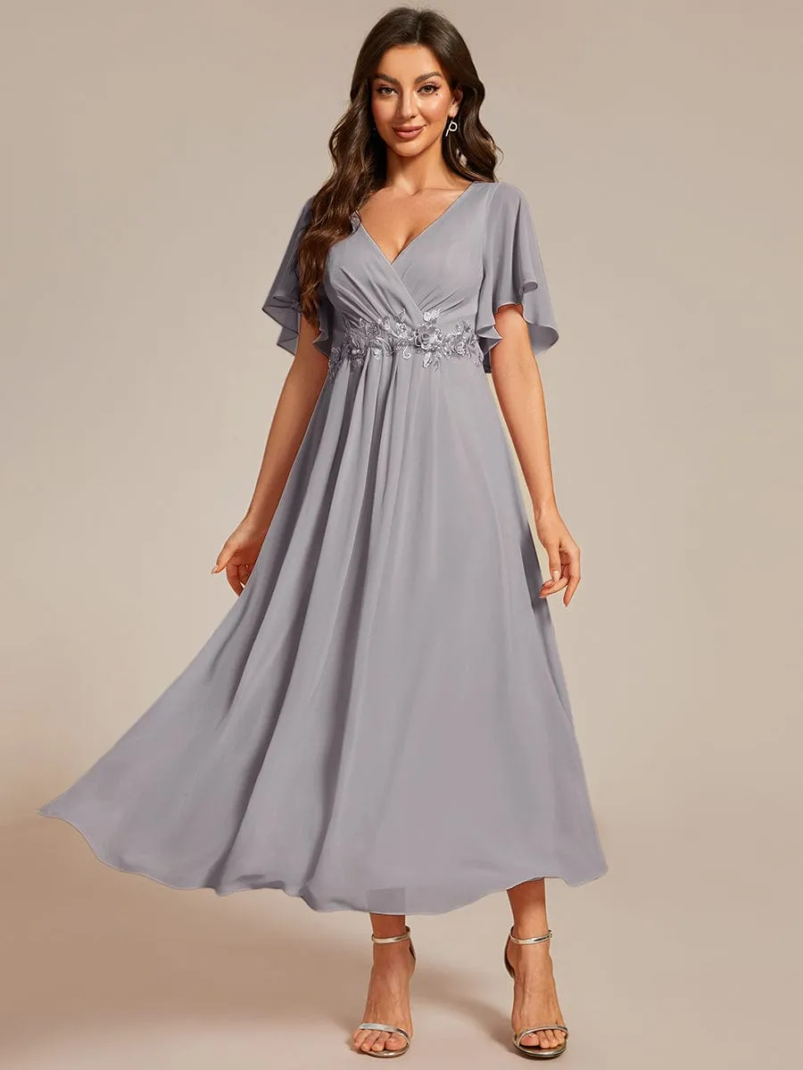 V-Neck Chiffon Midi Wedding Guest Dress with Waist Applique