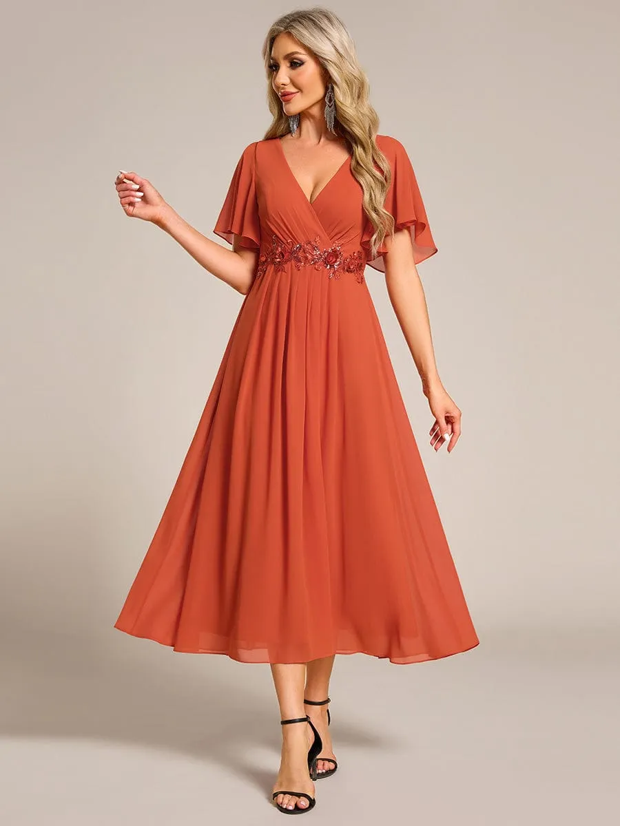V-Neck Chiffon Midi Wedding Guest Dress with Waist Applique